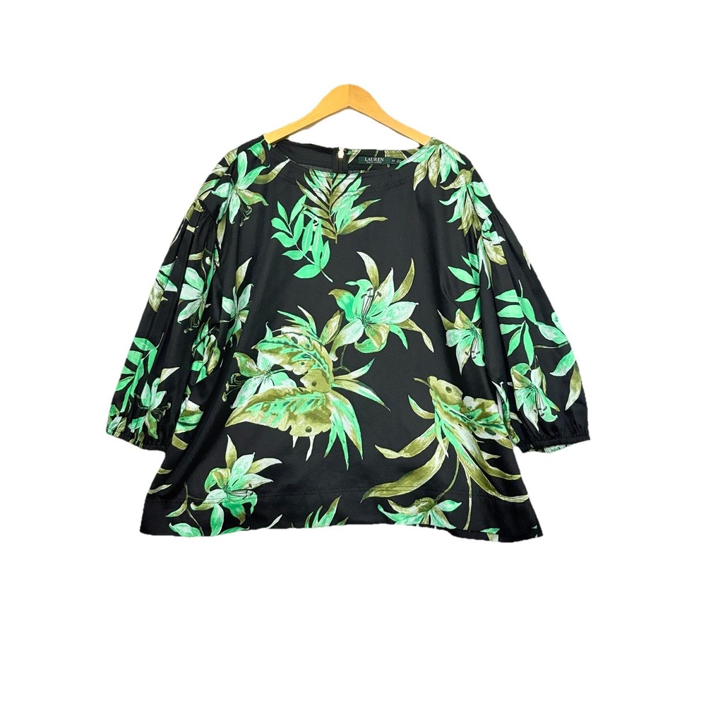 Lauren Ralph Lauren Women Blouse 2X Black Green Floral 3/4 Balloon Sleeve Artsy